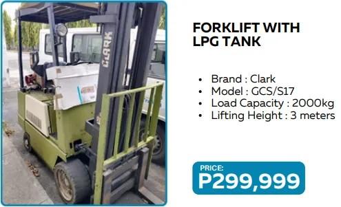 Forklift with LPG tank
Brand clark
Model GCS/S17
Load capacity 2000kg
Mode of payment 
Cash 
Gcash 
Card  BDO, Metrobank,BPI

Pick up/dilivery via lalamove shifting fee charge to customer
For more info om me or call 09305828661
