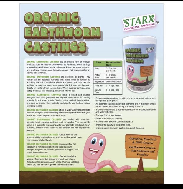 Organic earthworm worm casting fertilizer 800grams, odorless , non