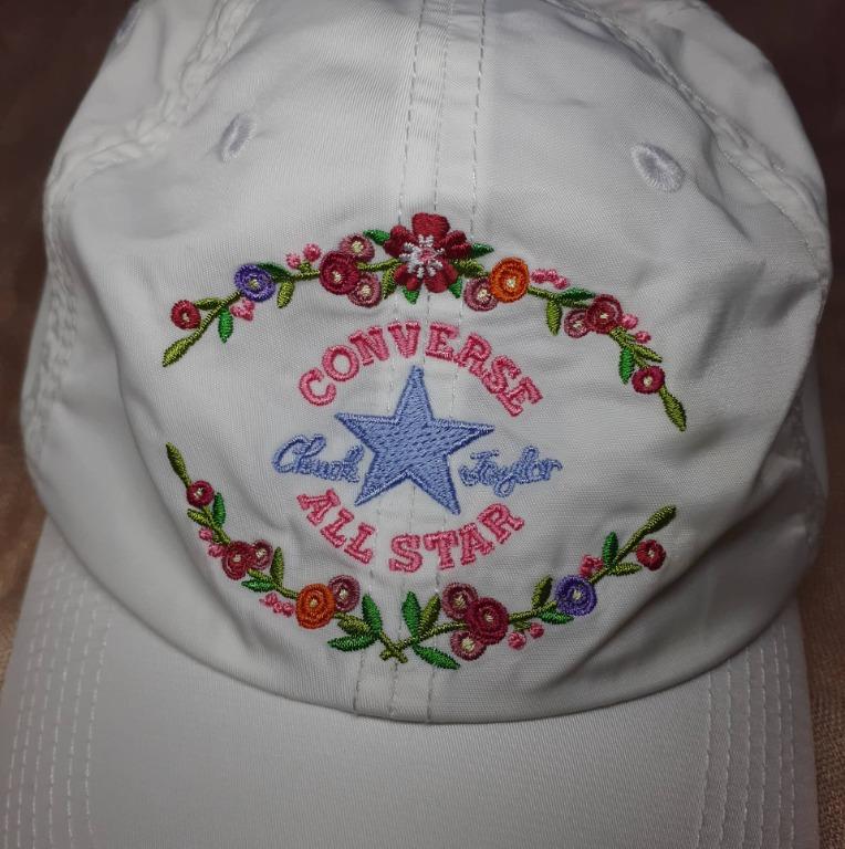 Rare embroidered floral white converse cap (Category: Hats & Beanies) located in Dasmarinas. Submitted by help.me.declutter. (Listing ID 1158810362, Image 1). Description: ~authentic, from Japan ~nylon fabric ~flaw: has minor yellow discolorations, barely noticeable sa photos ~sold as is ~firm on the price ~shipping via gogo express and lalamove only.