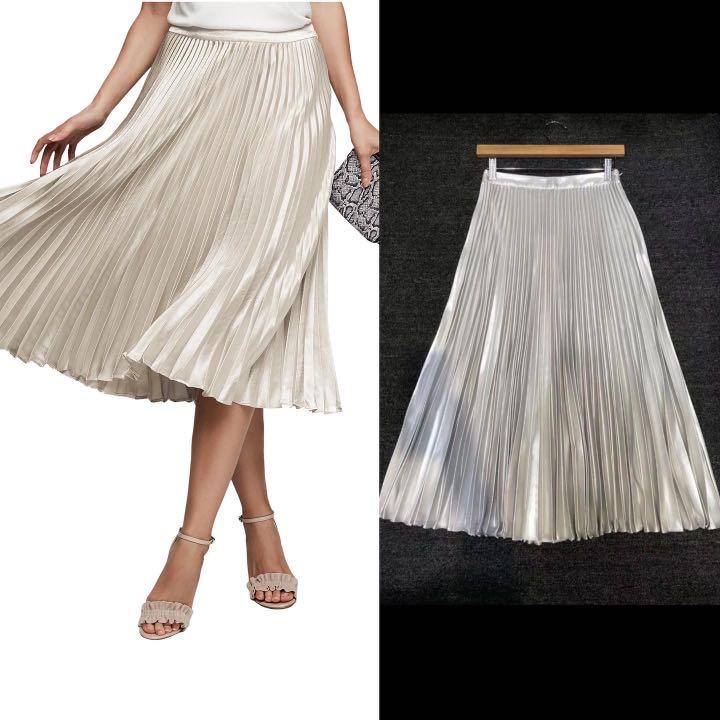REISS alisa pleated midi skirt silver metallic