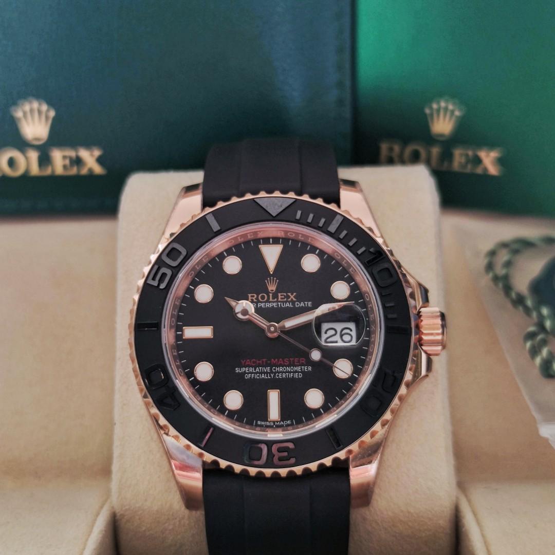 Rolex Yachtmaster 40 116655 (Category: Luxury Watches) located in San Juan City. Submitted by horologymr (Listing ID 1158861925, Image 1). Description: Rolex Yachtmaster 40 Rosegold. Ref 116655 2019 pre-owned Oysterflex strap Cherachrom bezel which is highly resistant to scratches 40mm diameter 9/10 cond with protective stickers. Trades accepted..