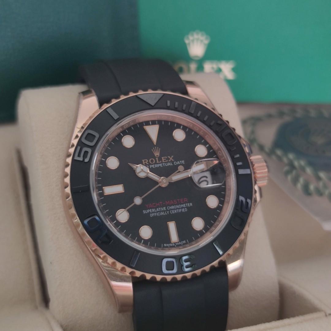 Rolex Yachtmaster 40 116655 (Category: Luxury Watches) located in San Juan City. Submitted by horologymr (Listing ID 1158861925, Image 2). Description: Rolex Yachtmaster 40 Rosegold. Ref 116655 2019 pre-owned Oysterflex strap Cherachrom bezel which is highly resistant to scratches 40mm diameter 9/10 cond with protective stickers. Trades accepted..