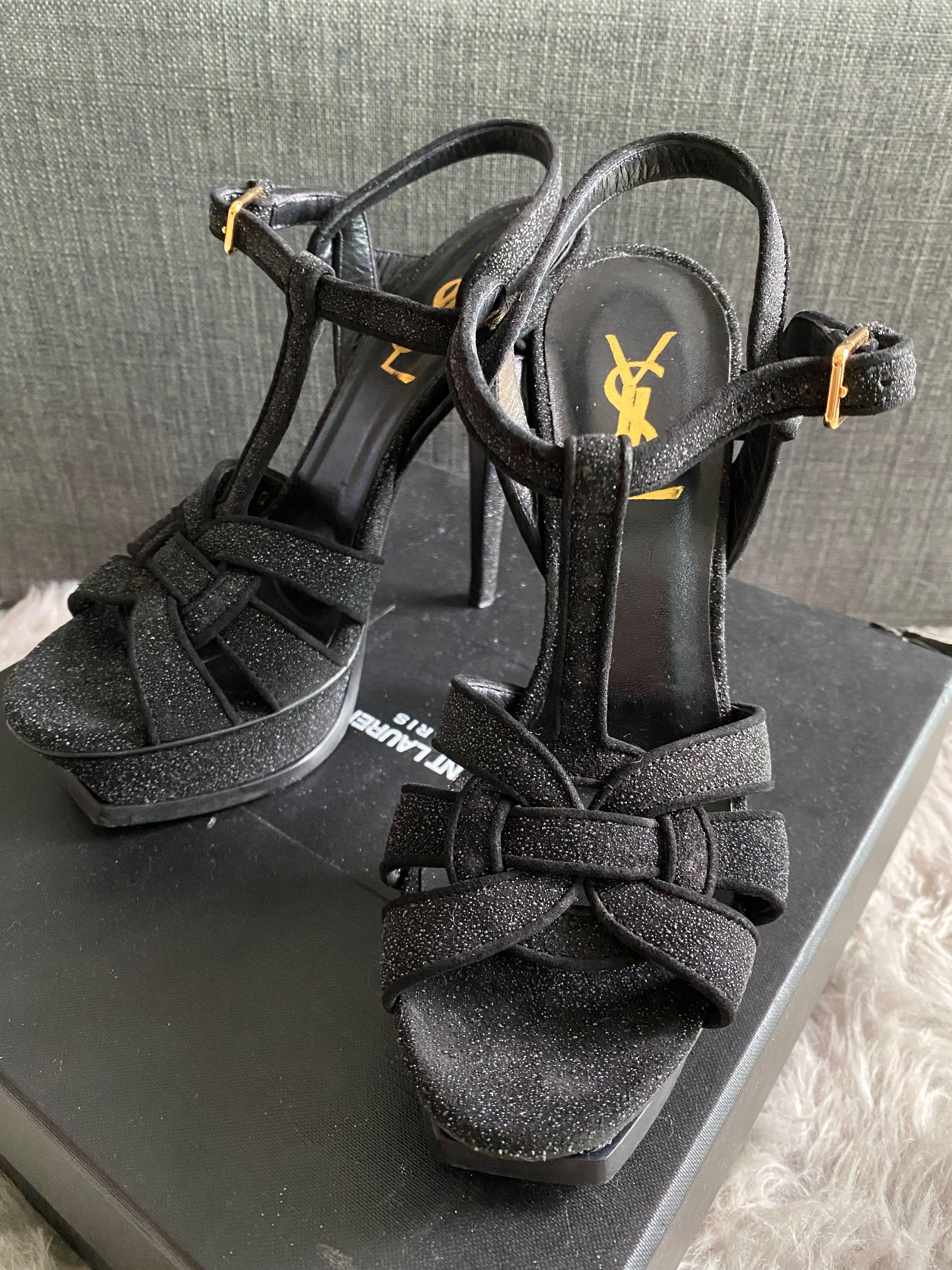 Saint Laurent Black Glitter Tribute Heels