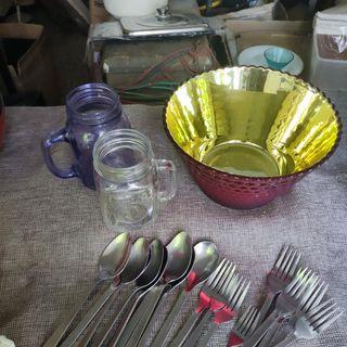 Take all cutlery, 2 mason mugs, bowl