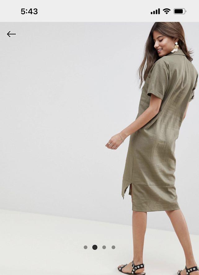 UK6 EU34 ASOS Design Casual Utility Midi Shirt Dress in Khaki