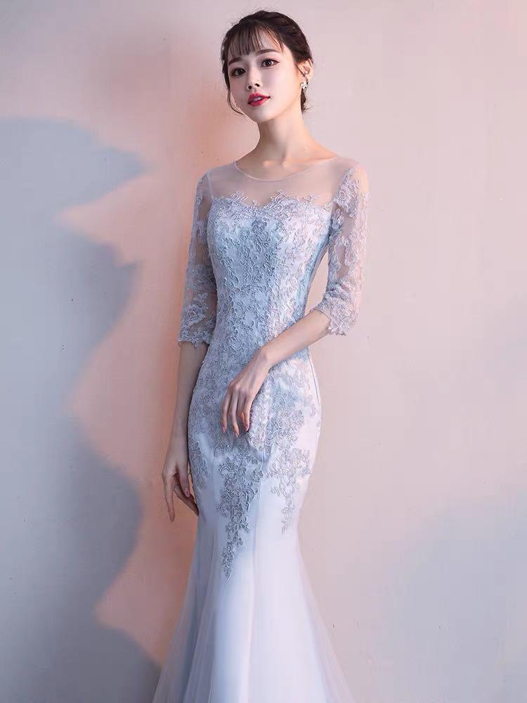 Grey lace mesh back half sleeve mermaid 