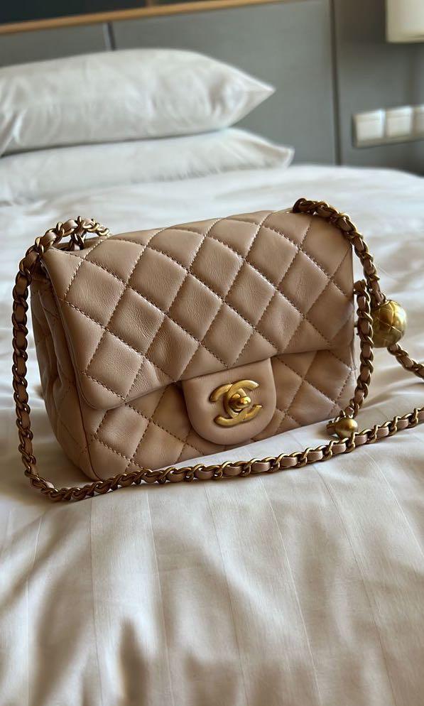 Chanel 22C Pearl Crush Square Mini (Beige), Luxury, Bags