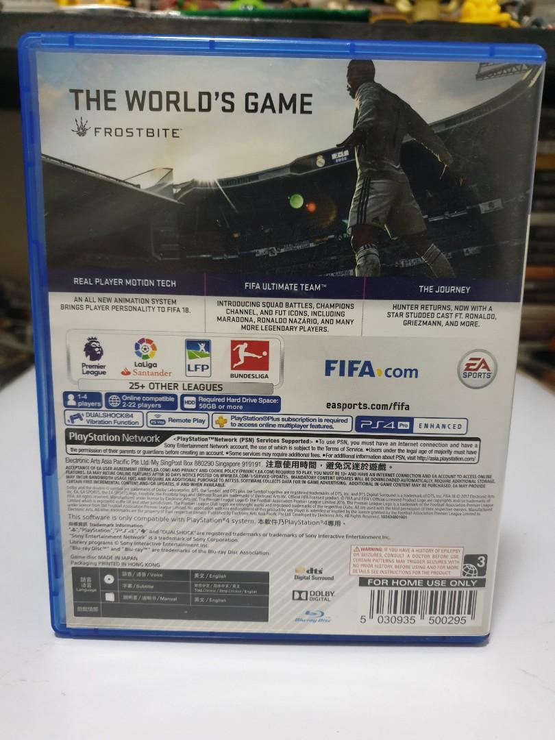 Fifa18 PS4 (Sony Playstation 4, region 3) (Category: PlayStation) located in Quezon City. Submitted by itemsforadoption (Listing ID 1158923402, Image 2). Description: Rfs: Its 2022! Happy New Year. Now is a time to be joyous and declutter. And I'm doing just that this season. StarFIFA 18 is a football simulation video game developed and published by Electronic Arts and released worldwide on 29 September 2017 for Microsoft Windows, PlayStation 3, 