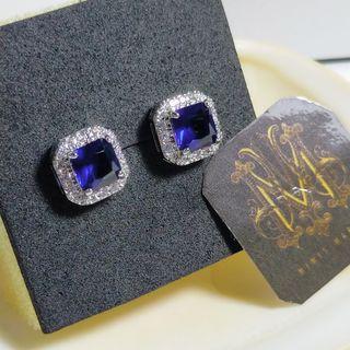 Mimi's Market Dark Blue Sapphire Princess square cut inlaid halo earrings
