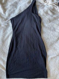 One Shoulder Ribbed Black Mini Dress
