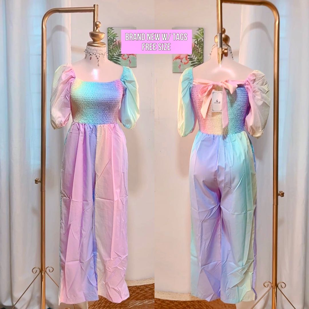 Pastel rainbow aesthetic puff sleeves cute smocked jumpsuit romper