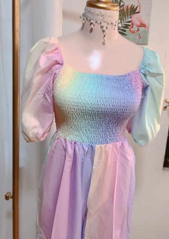 Pastel rainbow aesthetic puff sleeves cute smocked jumpsuit romper