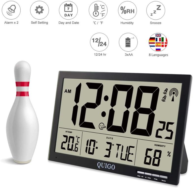 QUIGO Large Digital Wall Clock Atomic Battery Operated Alarms Jumbo