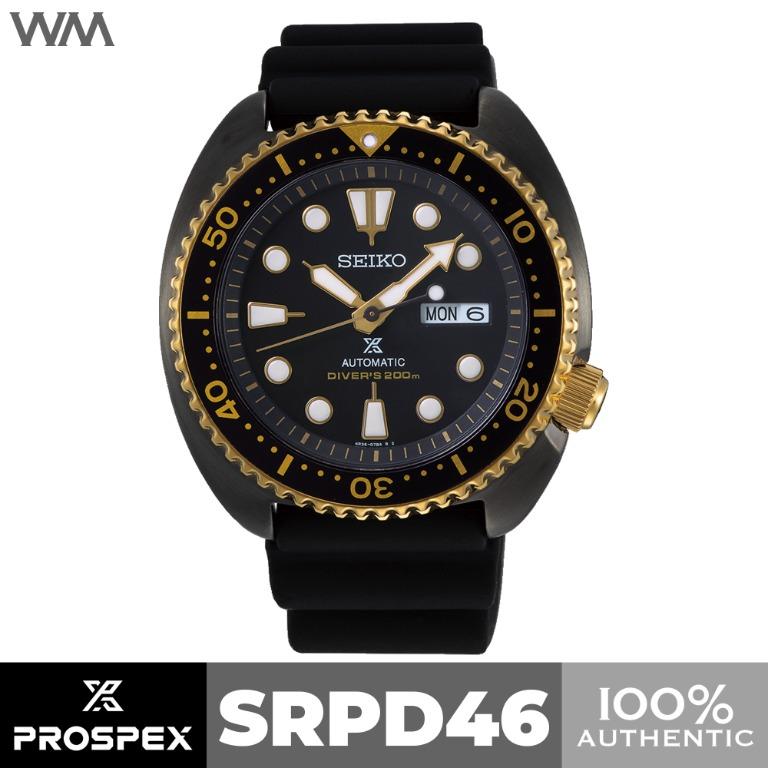 Seiko Prospex Black Gold Turtle Automatic Watch SRPD46 SRPD46K1 (Category: Luxury Watches) located in San Juan City. Submitted by wilderness.voice (Listing ID 1158869112, Image 1). Description: Caliber Number: 4R36 Movement Type: Automatic with manual winding Duration: Approx. 41 hours Case Material: Stainless steel (hard coating) Crystal: Hardlex LumiBrite: LumiBrite on hands and index(es) Band Material: Silicone Water Resistance: 200m / 660ft d
