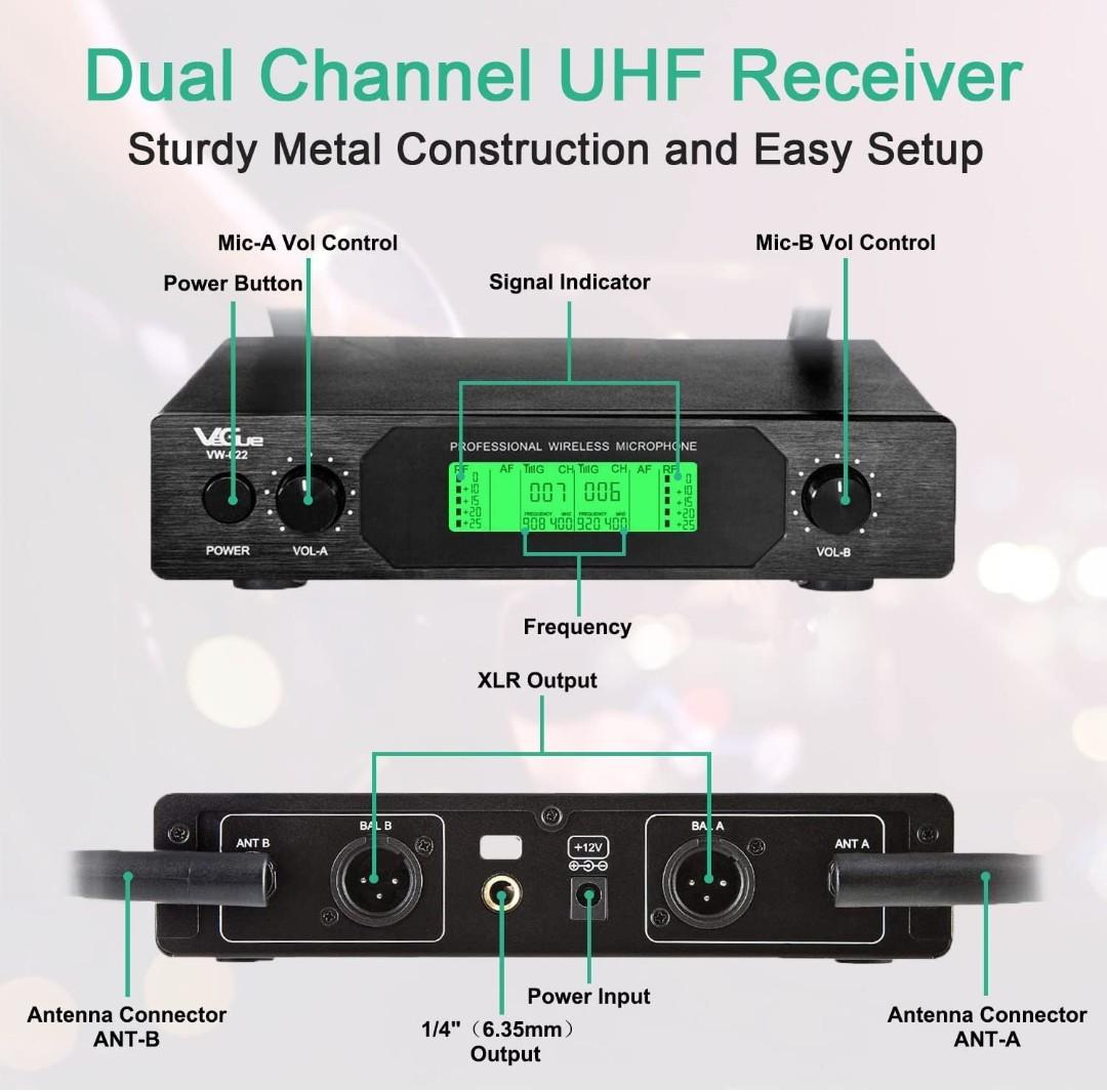 VeGue UHF Wireless Microphone, Dual Channel Professional Handheld