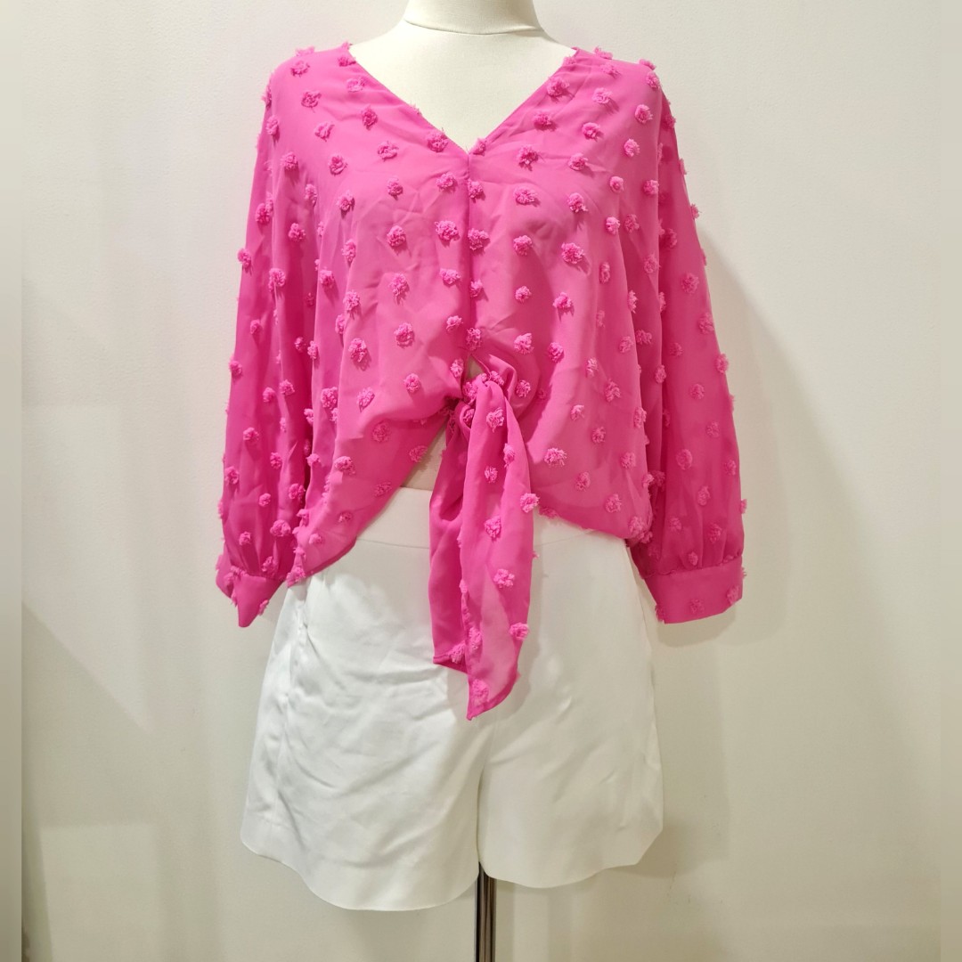 Women Coral Pink Extended Sleeves Tie-Ups Top main image 0