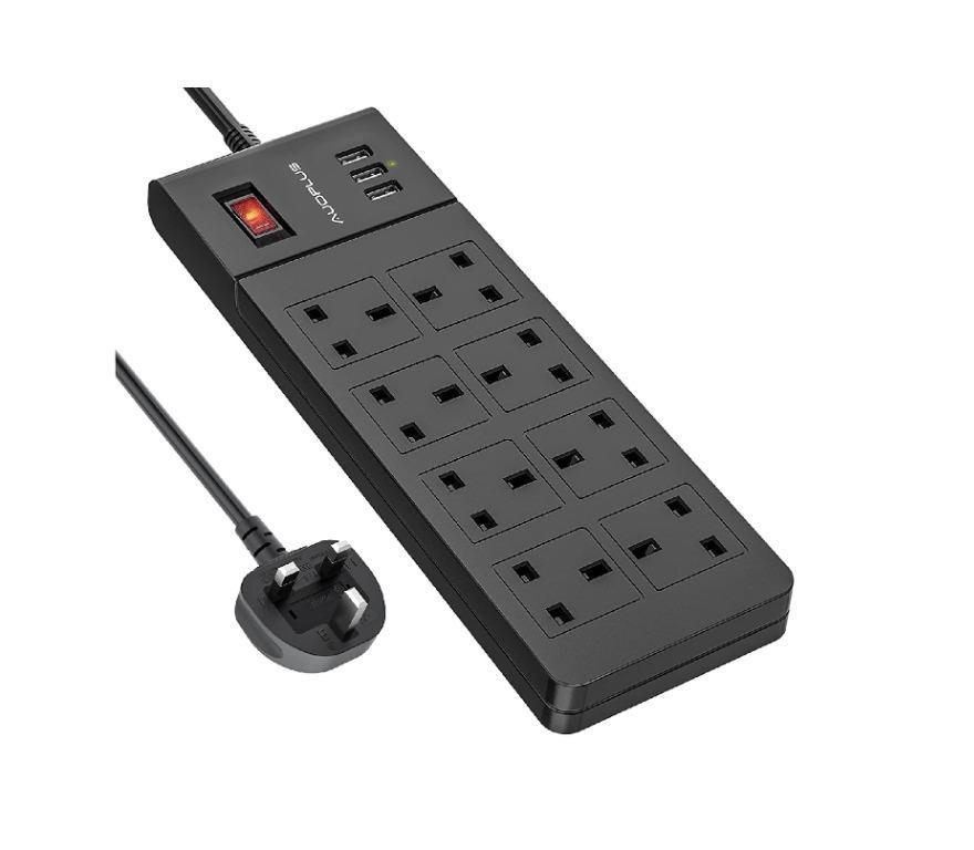 Black Power Cable With USB Six Gang Multi Plug Socket 6-Way Extension Lead 
