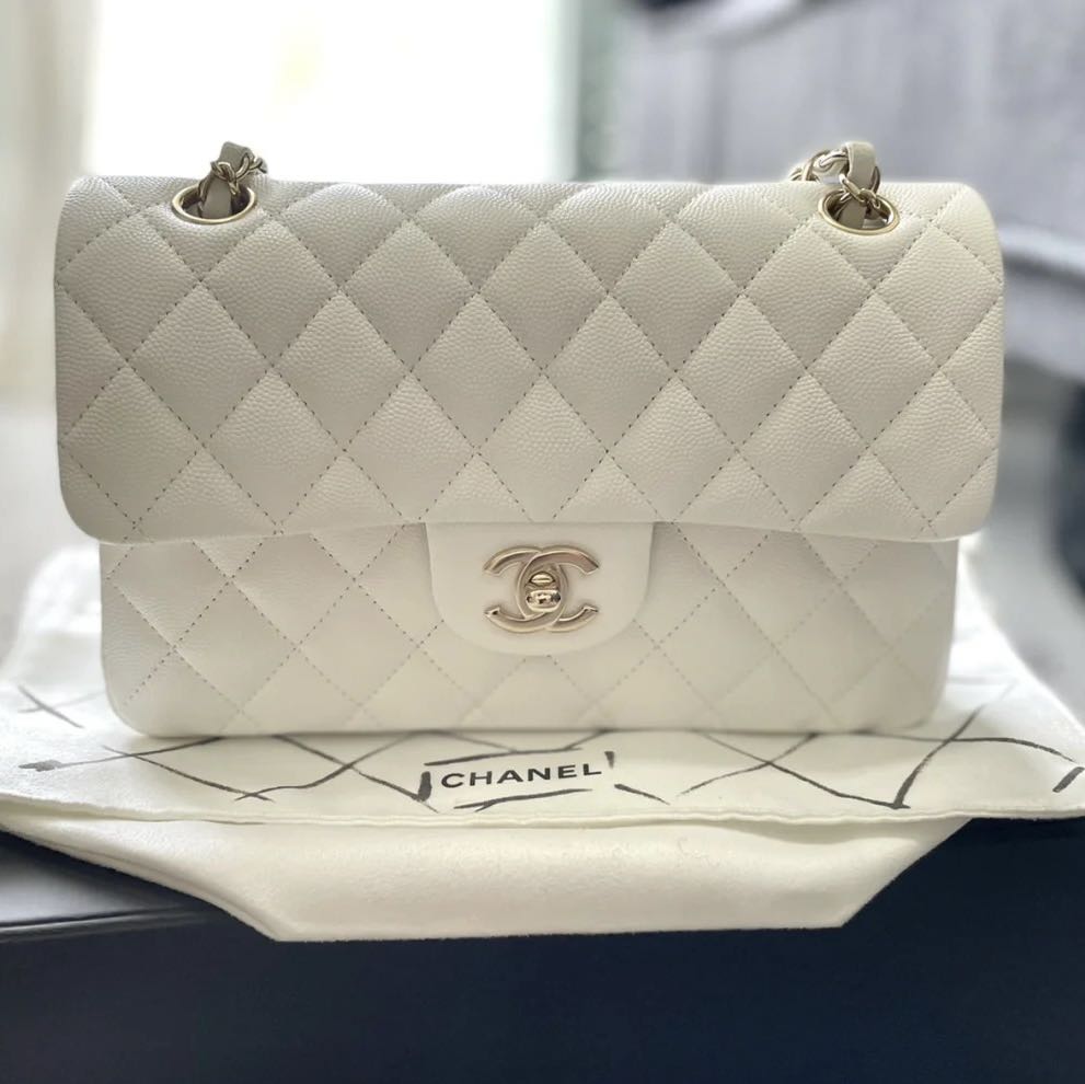 Chanel classic white caviar champagne gold hardware, Luxury, Bags & Wallets  on Carousell