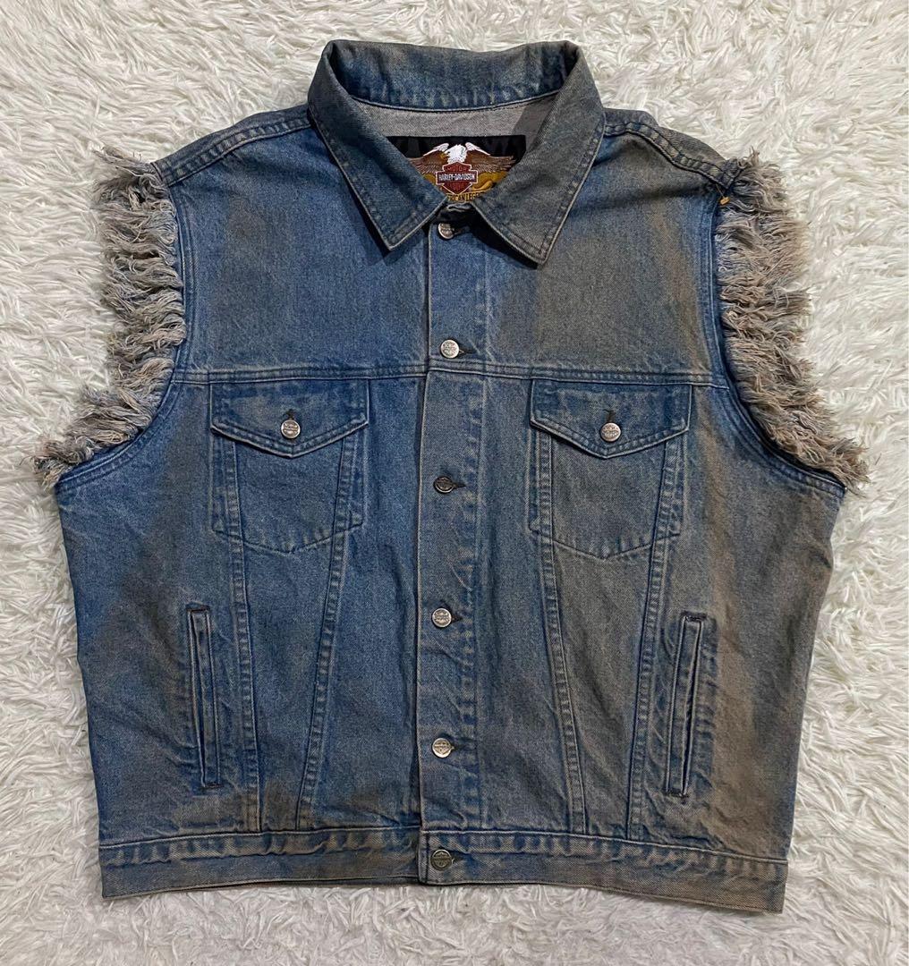 Harley Davidson Sleeveless Distressed Denim Trucker Jacket Men s