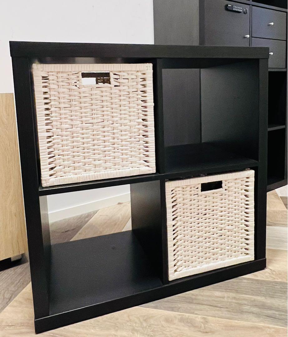IKEA KALLAX 2x2 with 2 rattan basket, 傢俬＆家居, 傢俬, 書櫃、櫃子及架 Carousell