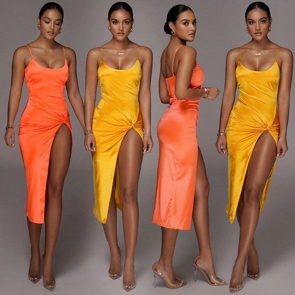 JLUXLABEL] Orange Aldis Satin Slit Dress, Women's Fashion ...
