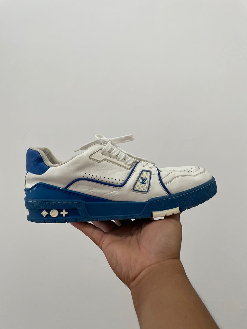 Louis Vuitton Trainer White Blue Sole 2021, Fesyen Pria, Sepatu , Sneakers  di Carousell