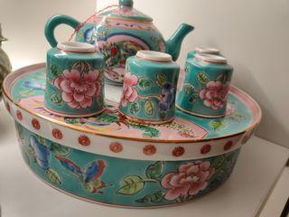 Nyonya Nonya Peranakan Tea Pot Set Straits Familie Tea Cups Pots with washer tray porcelain ceramic tiffany turqoise blue greens vintage娘惹瓷许顺昌造