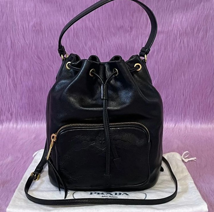 Prada Women's Sechiello Nero Black Glace Calf Leather Bucket Bag 1BH038  (Black): Handbags