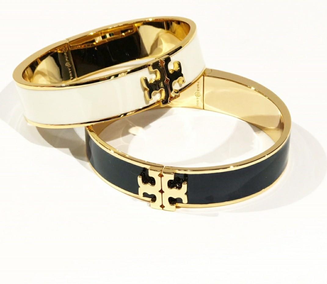 Tory Burch Raised Logo Black Enamel Thin Cuff Bracelet, Luxury, Accessories  on Carousell