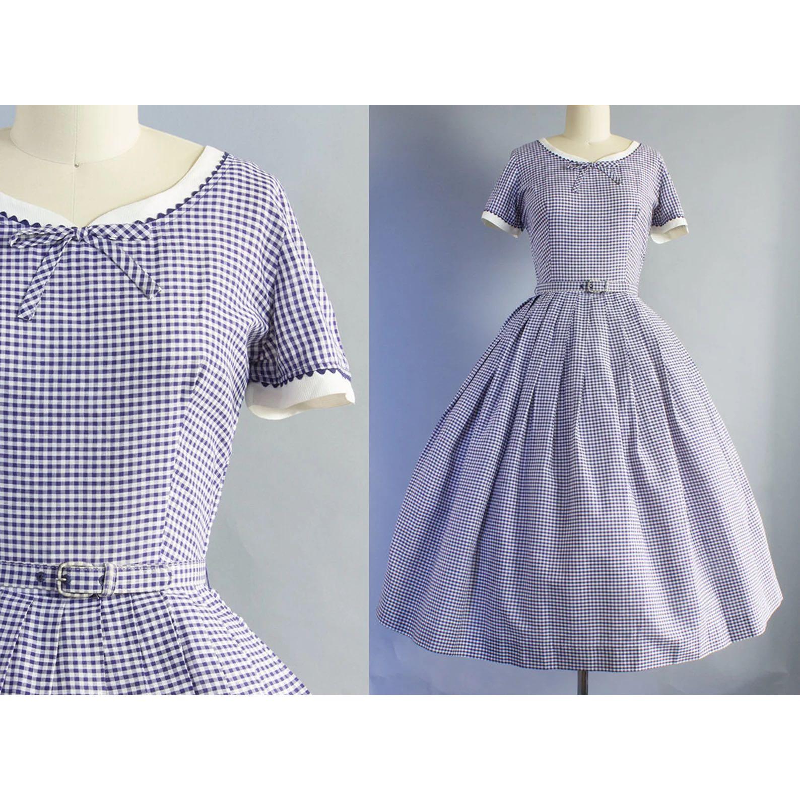 true vintage midcentury 50s navy blue gingham bow dress S Women s