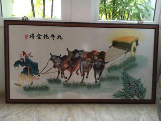 9 Lembu Bawa Emas 9 Cows Carting Gold Bars Vintage Silk Full Embroidery Art Piece Artwork九牛拖金砖