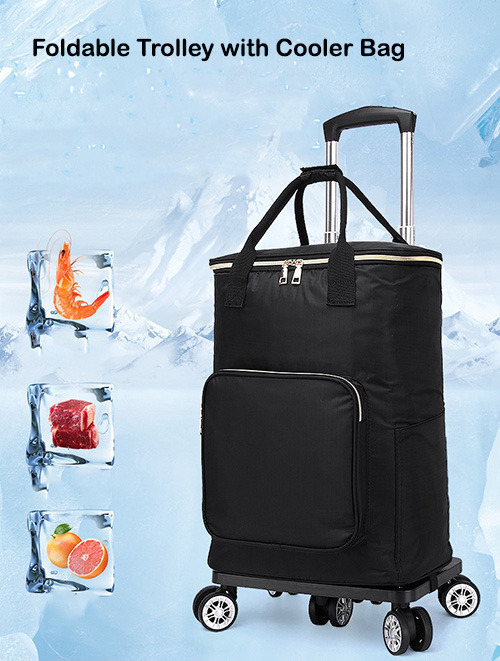 Foldable Trolley with Cooler Bag Flexible 360 wheel Market Grocery Shopping Bag Trolley