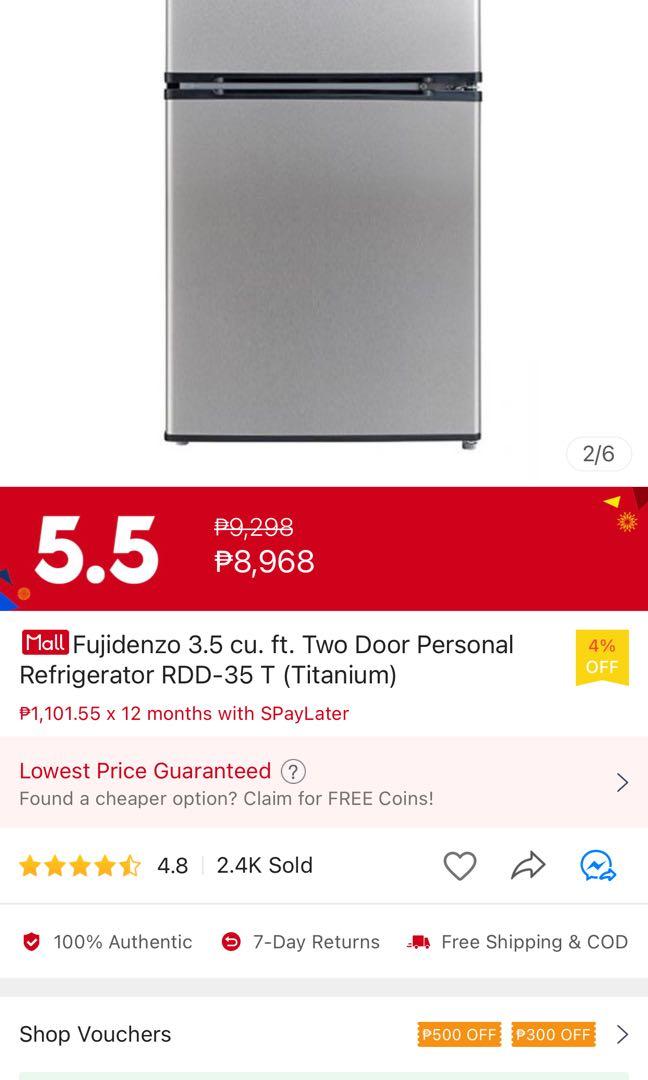 Fujidenzo 3.5 cu. ft. Two Door Personal Refrigerator RDD35 T (Titanium), TV & Home Appliances