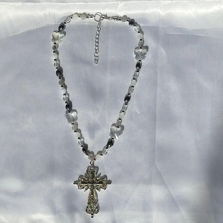 Y2K Punk Crystal Big Cross Pendant Necklaces for... - Depop