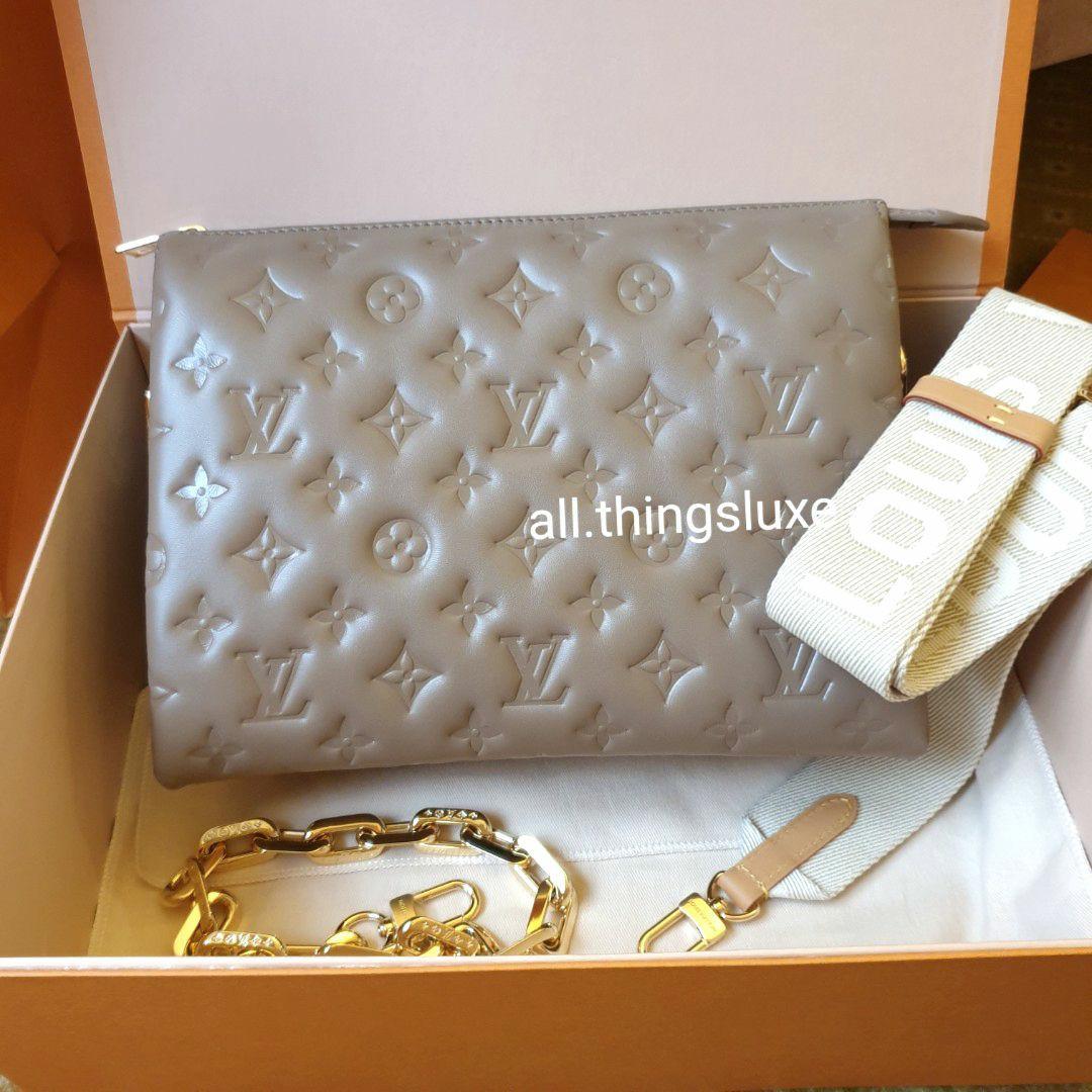 LV Coussin PM Taupe Grey Brown Canvas Strap & GHW Chain Cushion Leather Bag  Louis Vuitton