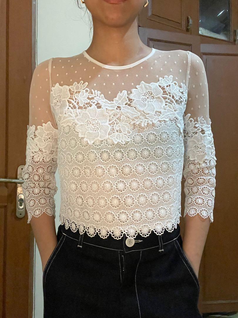 New Look White Lace Top, Fesyen Wanita 