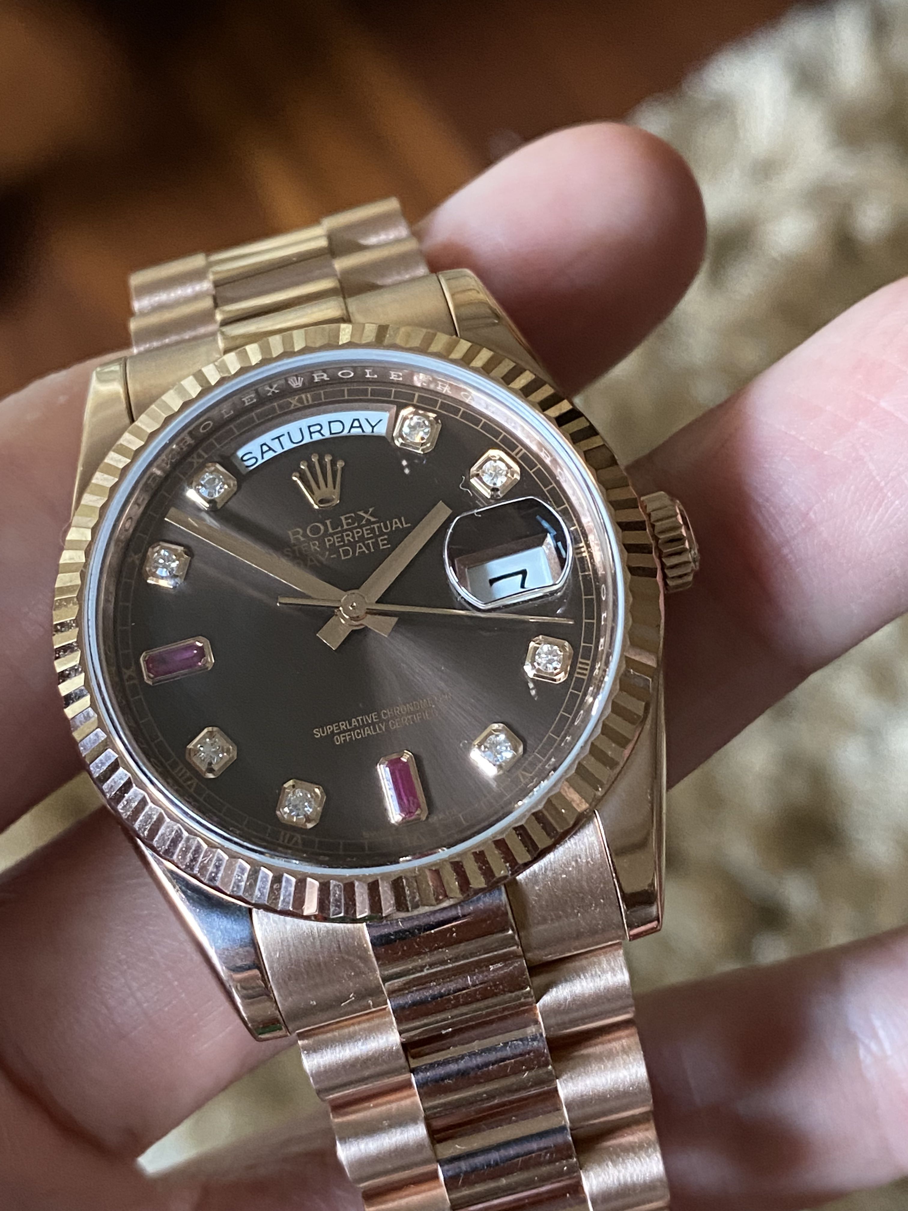 Chocolate face day date ruby dial sales