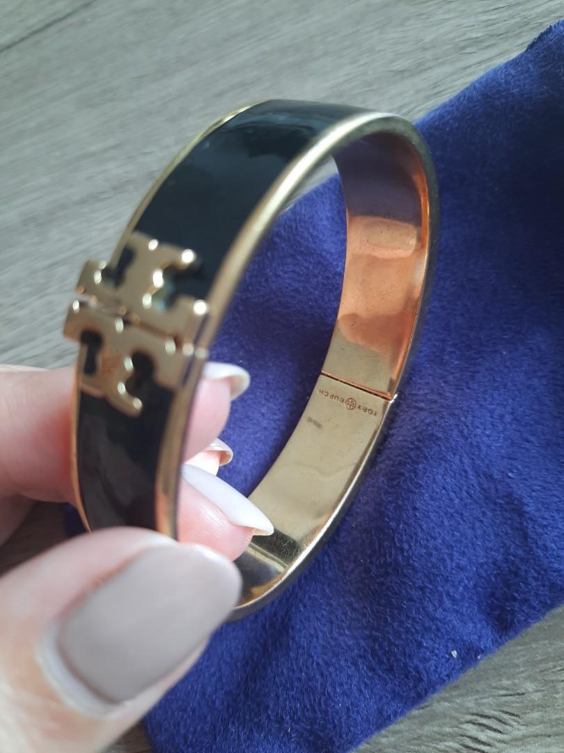 Tory Burch Raised Logo Black Enamel Thin Cuff Bracelet, Luxury, Accessories  on Carousell