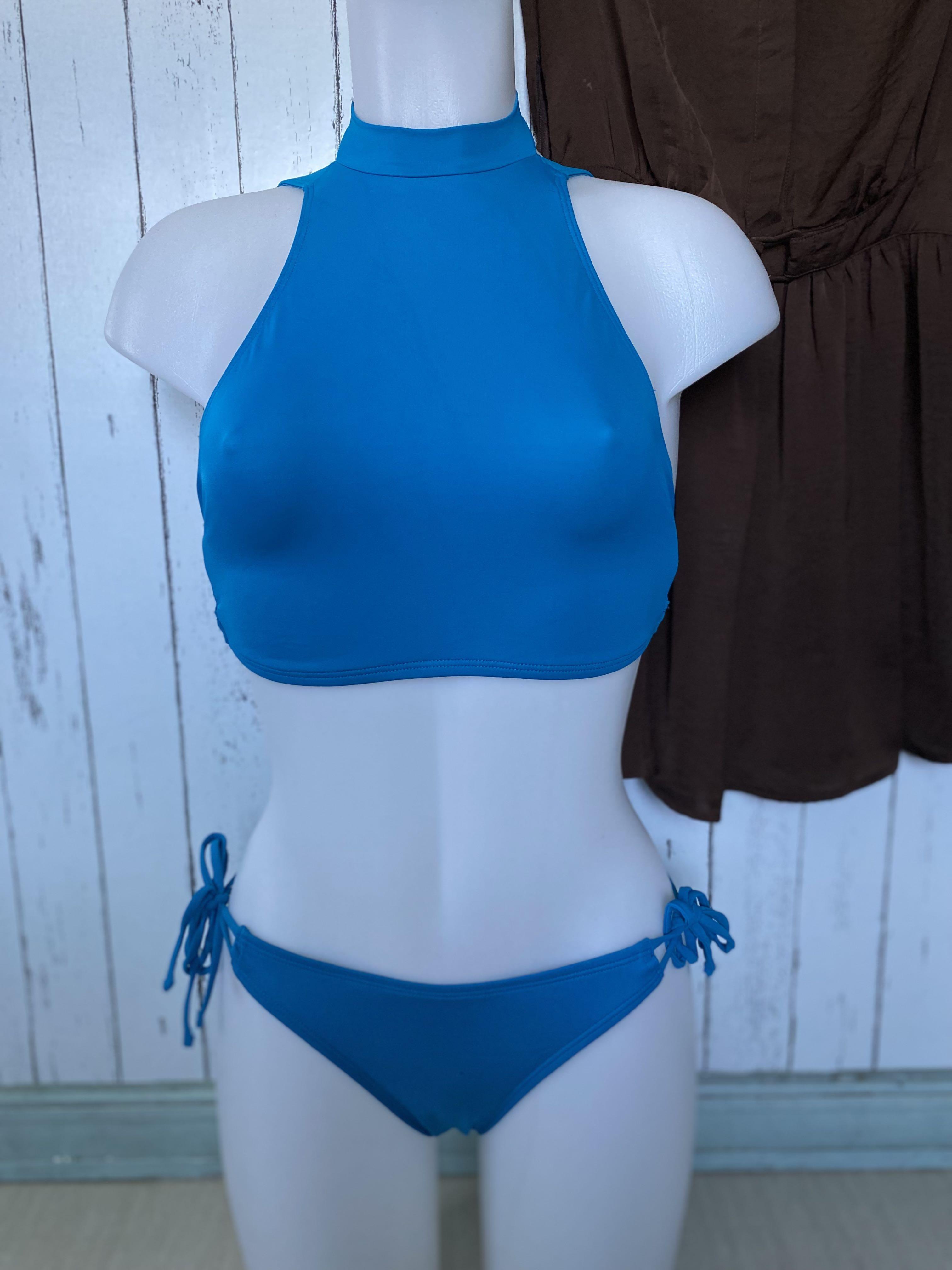 Turquoise Blue Halter High Neck Style Crop Top Two Piece Bikini Swimsuit Women s Fashion Swimwear Bikinis Swimsuits on Carousell
