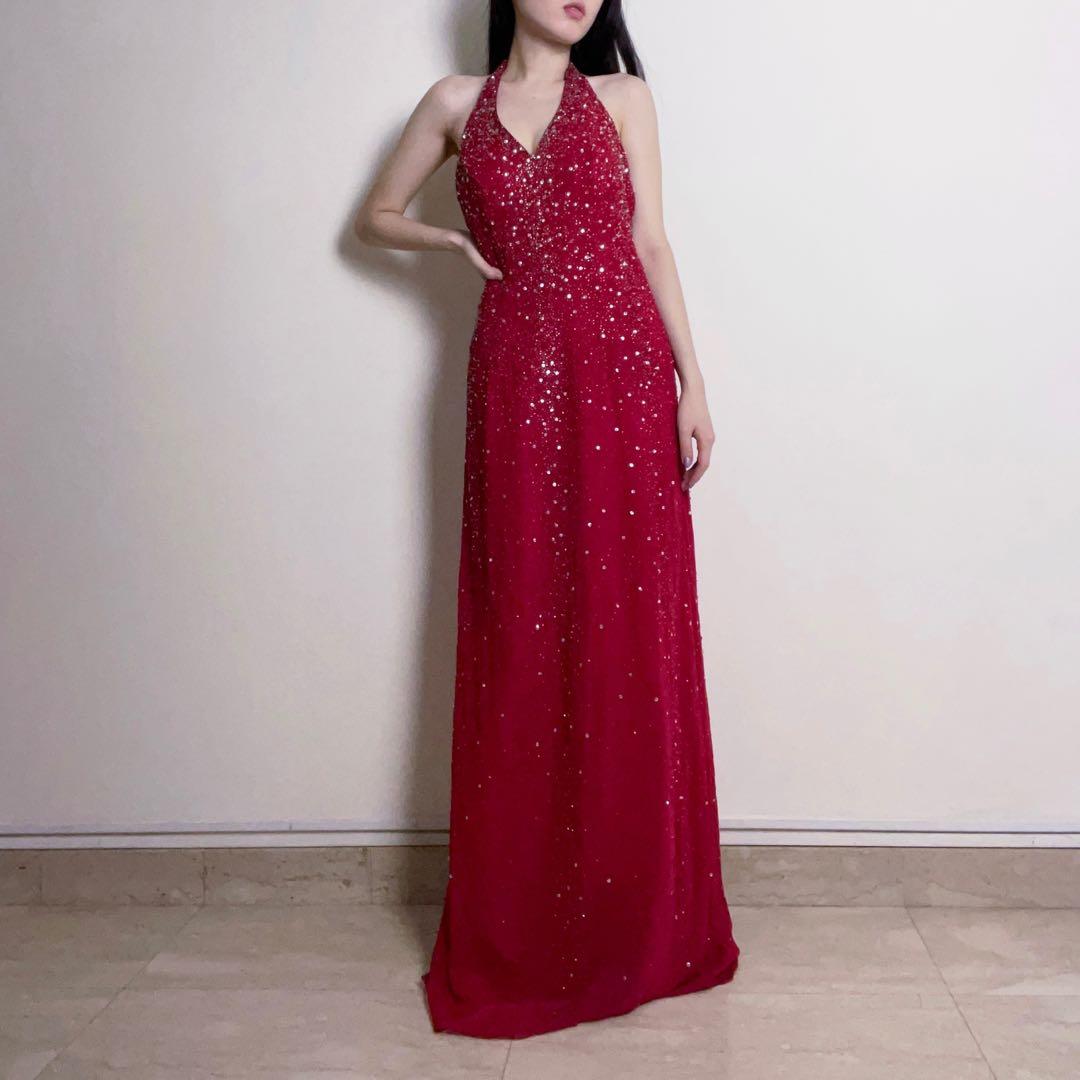 Vintage Red beaded halter dress with train