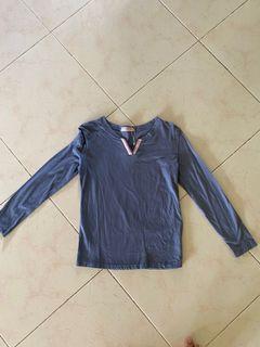 Blue V-Neck Cotton Long Sleeve Shirt