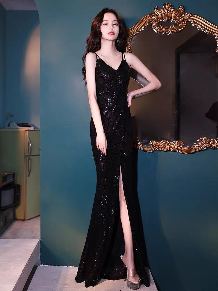 Sexy Off-Shoulder High Slit Black Sequin Birthday Dress
