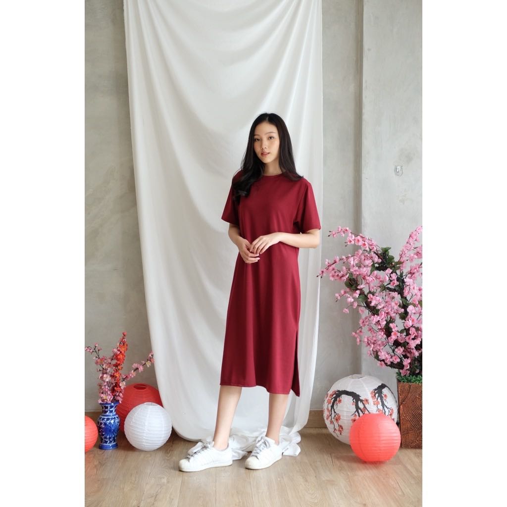 Hebe The Label Sharleen Maroon Red Midi Long Dress Panjang ...
