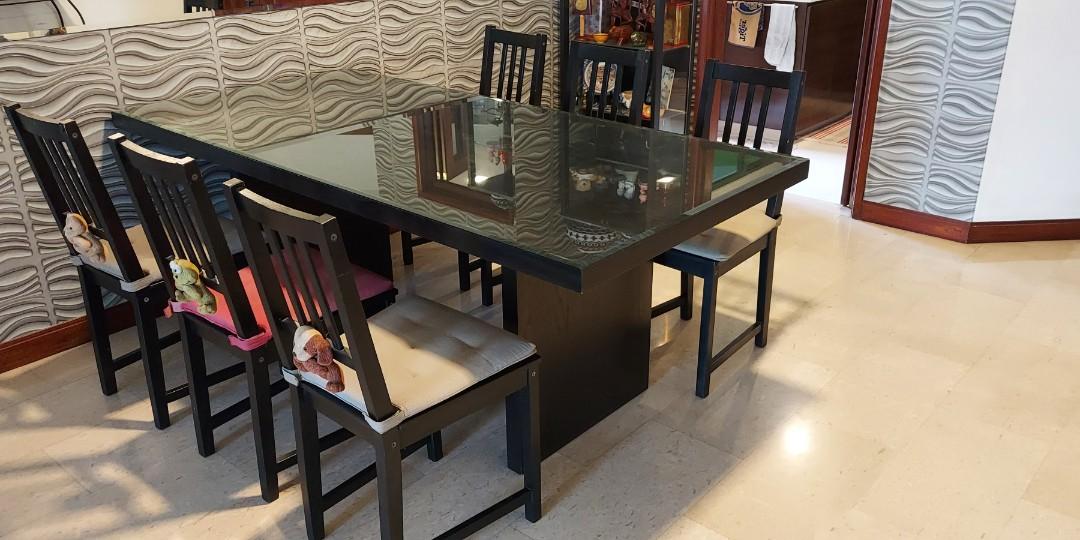 IKEA Dining Table with customized glass top and 6 chairs, Furniture