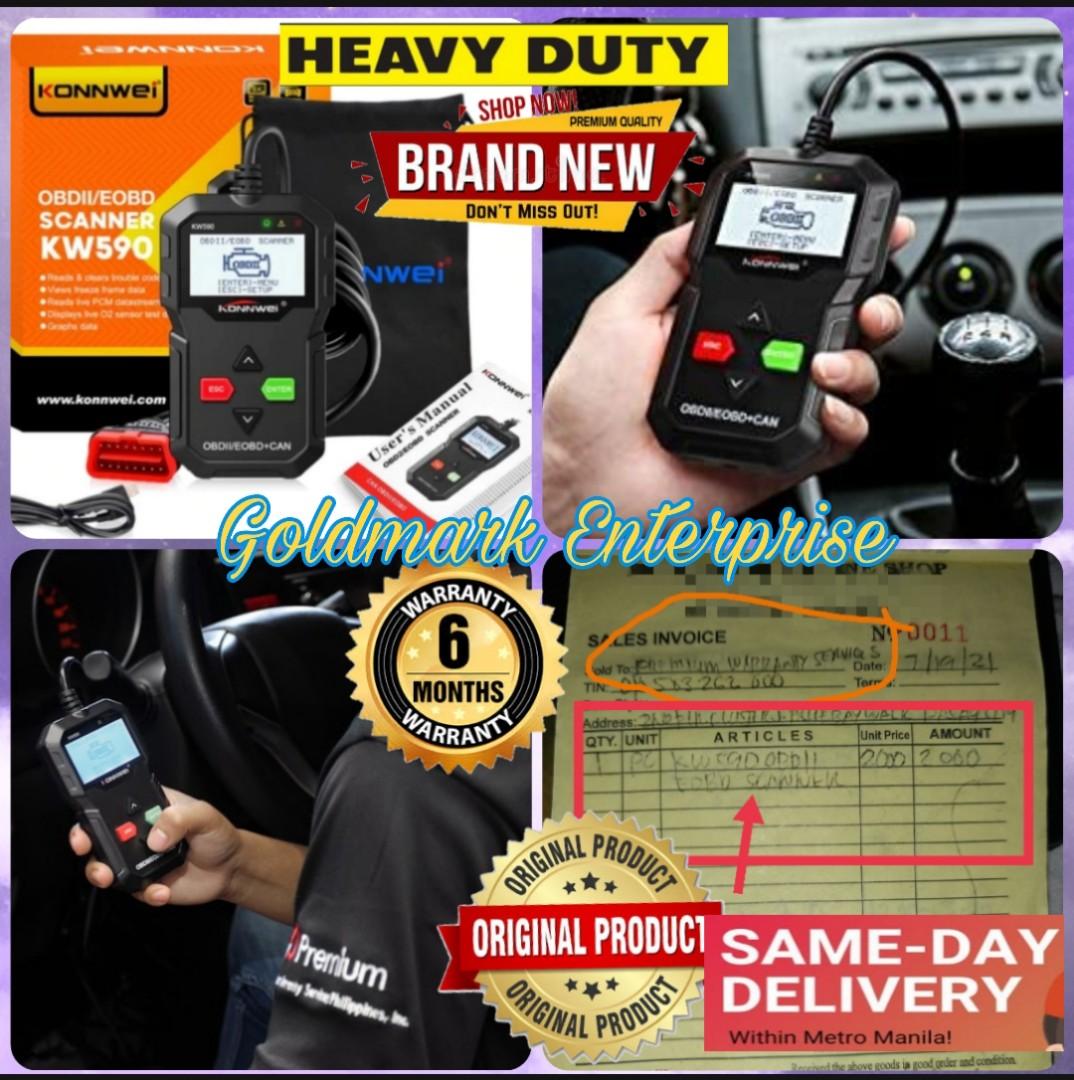 KW590 Vehicle OBD2 Scanner Diagnostic Test (Category: Other Gadgets) located in Manila. Submitted by emil_online_shop (Listing ID 1159507475, Image 1). Description: KONNWEI KW590 Vehicle OBD2 Scanner Try and Tested by Premium Warranty Services Car repair shop in Pasay just Google premium warranty services Function List: 1. Read engine or emission related fault codes error codes. 2. Erase and delete the fault code 3. Turns off Check Engine Light (