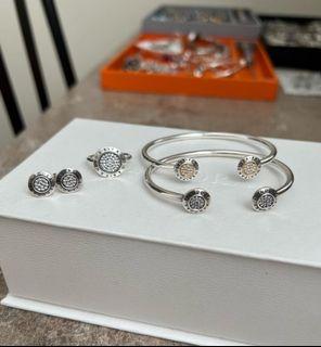 Pandora open bangle in silver (choose one) with set of earrings and ring in silver