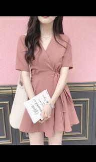Pink Short Sleeve V-neck Short Dress