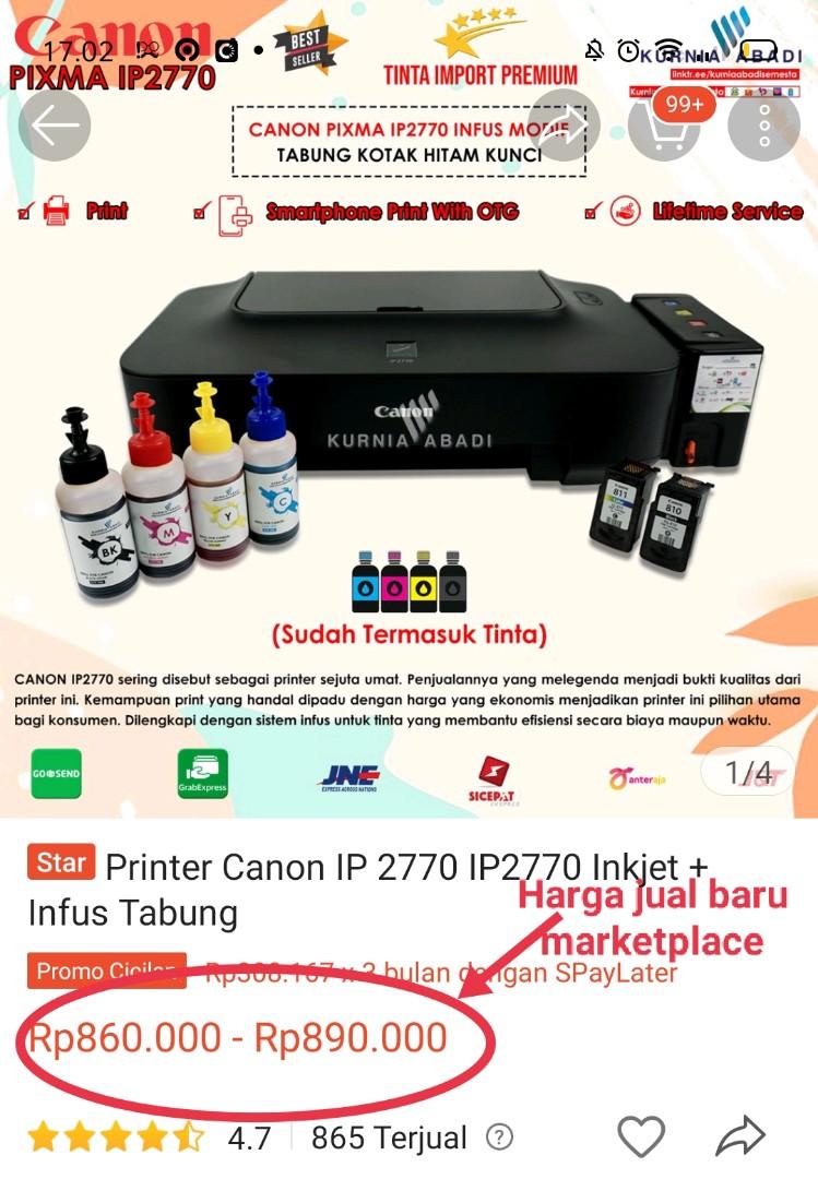 Printer Canon Pixma Ip2770 Sudah Modifikasi Tinta Infus Tabung Inkjet Photo Printer Preloved 1505