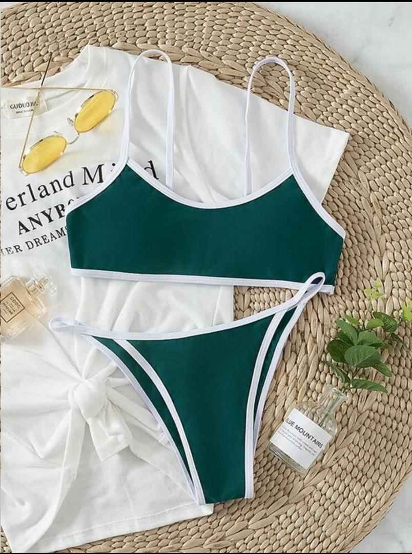 Shein contrast binding thong bikini swimsuit, Women's Fashion, Swimwear ...