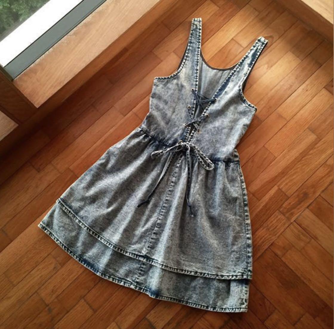 Topshop Acid Wash Denim Lace Back Dress